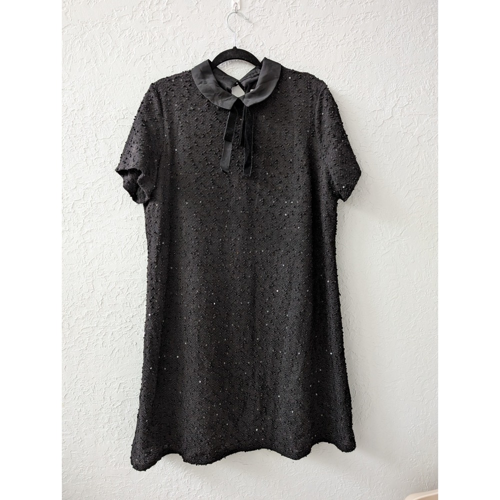 Elle Sequin Boucle Shift Dress Women XXL Black Peter Pan Collar Velvet Tie